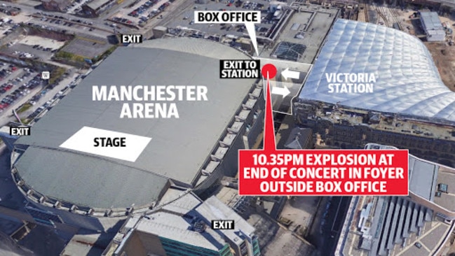 A map of where the terror attack at Manchester Arena occurred. Picture: Supplied