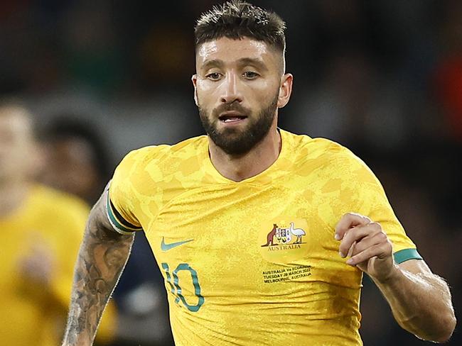 MELBOURNE, AUSTRALIA - MARCH 28: Brandon Borrello of the Socceroos runs with the ball during the International Friendly match between the Australia Socceroos and Ecuador at AAMI Park on March 28, 2023 in Melbourne, Australia. (Photo by Daniel Pockett/Getty Images)