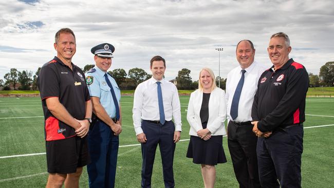 Pictured (from left) are Kellyville Kolts’ Marty Searle, The Hills police Superintendent Jason Joyce, Mitchell MP Alex Hawke, Hills Shire Mayor Michelle Byrne, Hills Shire Council general manager Michael Edgar, and Kellyville Kolts’ Bob Harrold. Picture: Julian Andrews