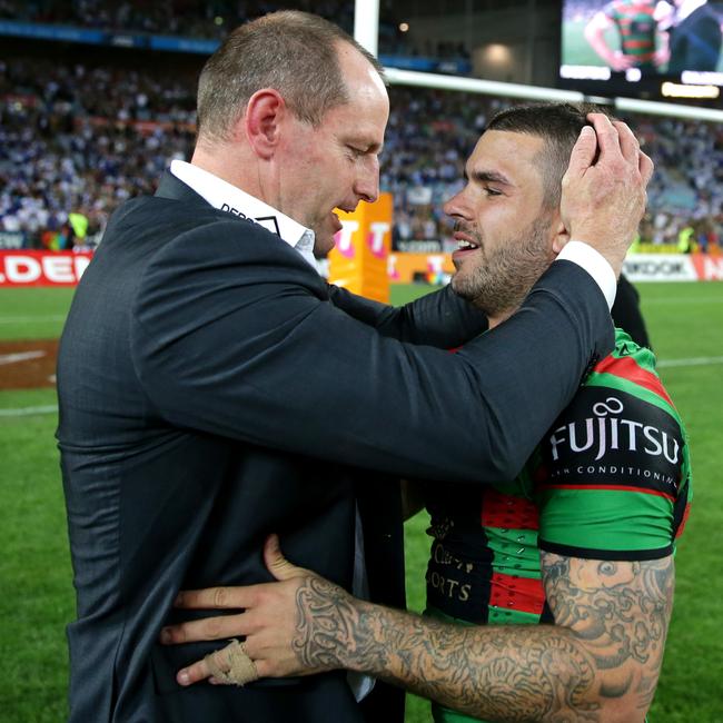 Michael Maguire and Adam Reynolds after winning the 2014 NRL Grand Final for South Sydney. Picture: Gregg Porteous