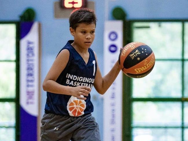 Eddie Gunderson showed his versatility by driving to the basket well and helping Damabila win the inaugural boys’ Indigenous Community Basketball League final at Marrara. Picture: Celina Whan