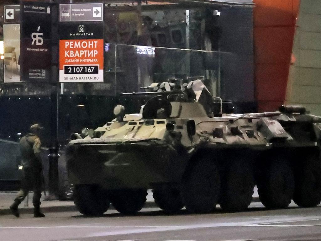 An armoured personnel carrier is parked in a street in the city of Rostov-on-Don, early on June 24. Picture: Vasily Deryugin / Kommersant Photo / AFP / Russia OUT