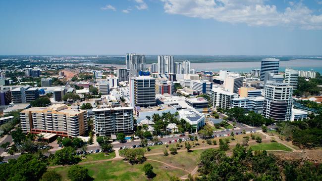 Aerial photo looking over The Esplanade at the Darwin city skyline.