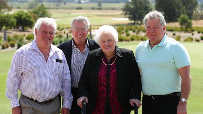 Victoria Alice May Backhouse, pictured with her sons Bill, John and Clive, celebrated her 100th birthday at Lynwood Country Club on Saturday, September 23. Picture: Ryan Osland