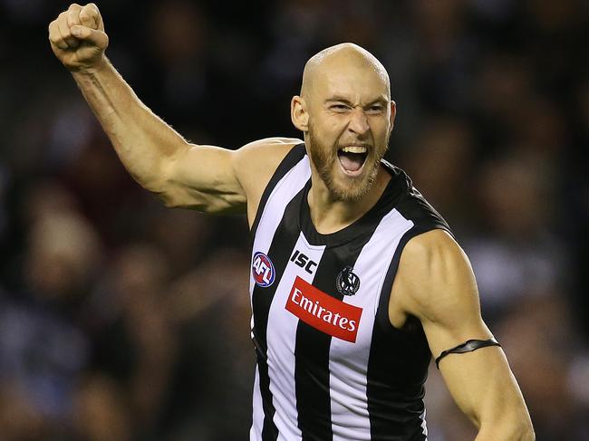 AFL Round 7. 03/05/2019. Collingwood v Port Adelaide at Marvel Stadium.    Collingwood's Ben Reid  celebrates a goal in the 2nd quarter   . Pic: Michael Klein.