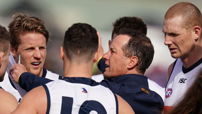 Don Pyke speaks to his team during a quarter time break during the Round 23 match against the Western Bulldogs. Picture: AAP Image/Scott Barbour