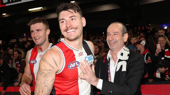 Bassat with departing Saints Josh Battle in round 17 this year (Photo by Kelly Defina/Getty Images)