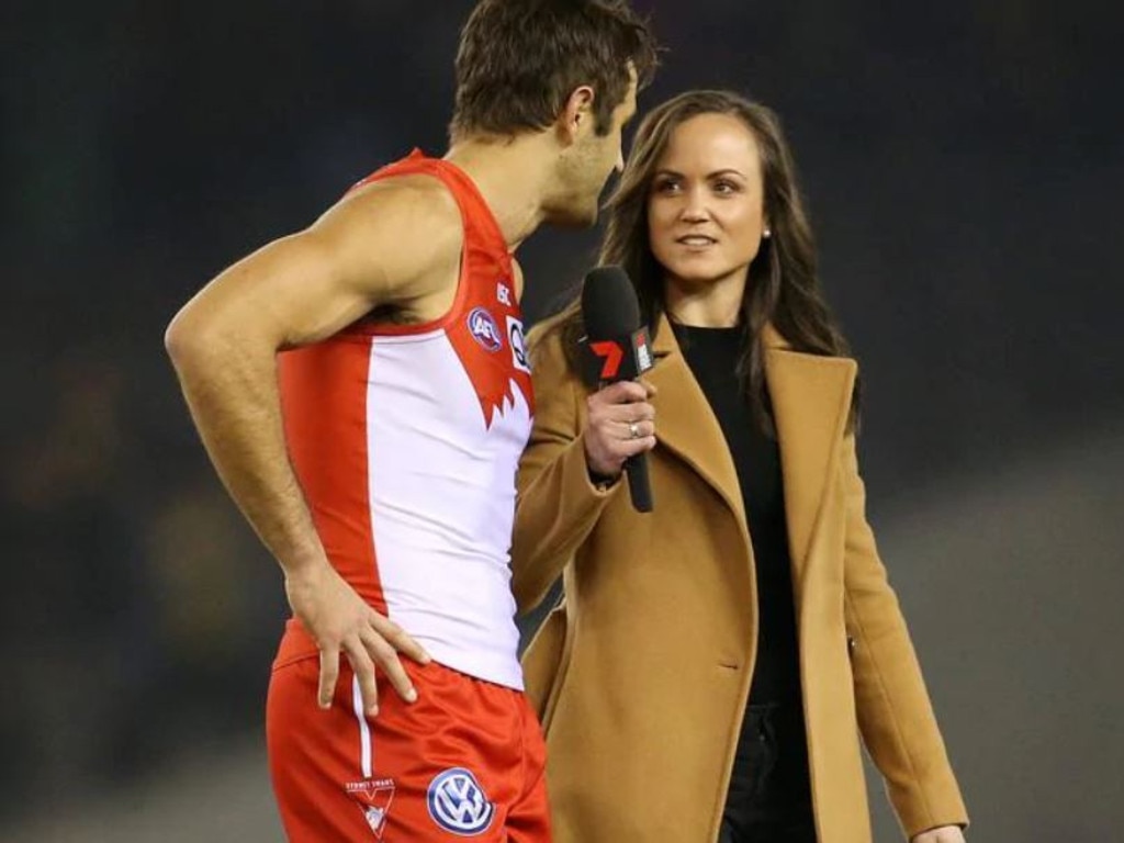 Daisy Pearce interviews Josh Kennedy after a Swans game.