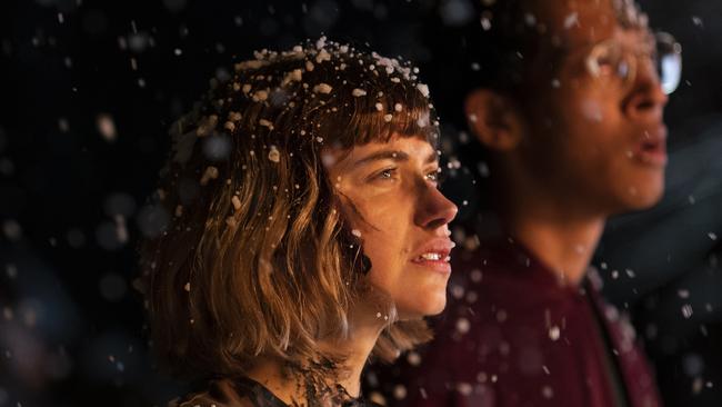 From left, Aleyse Shannon, Imogen Poots and Caleb Eberhardt in a scene from the movie Black Christmas. Supplied by Universal Pictures.