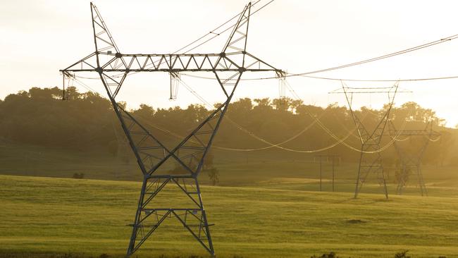 Transmission power lines near the Stubbo solar farm development. Picture: Max Mason-Hubers