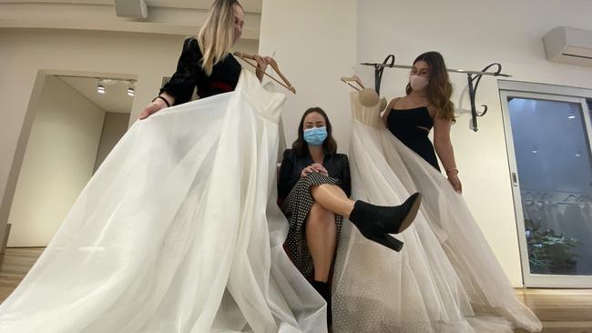 Melbourne bride Molly Monaghan has been waiting since March to say yes to her dream dress designed by Karen Willis Holmes. Picture: Grace McKinnon