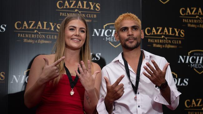 Elspeth Varley and Rodney Nagawalli at the 2023-24 NTFL Nichols awards night. Picture: Pema Tamang Pakhrin