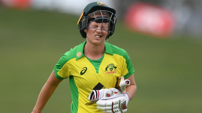 Meg Lanning of Australia leaves the field after being run out