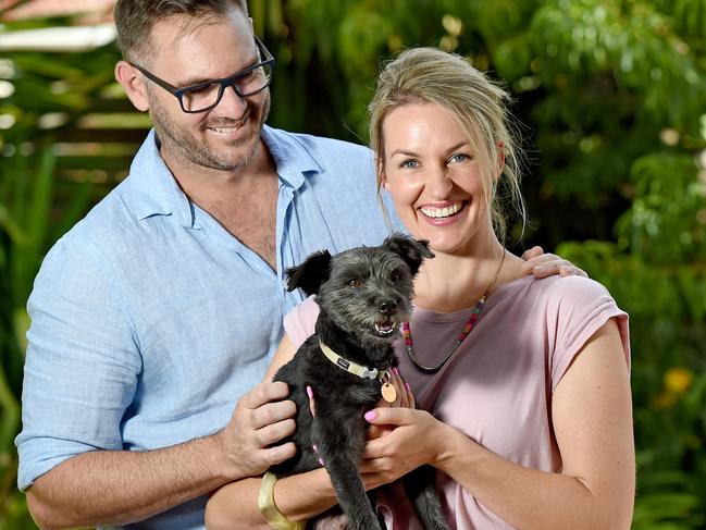 7/3/19 - For MoneysaverHQ story about how to cut pet costs. Pix of pet owners Eliza and Scott Seward with their dog Max at their home in Cumberland Park. Photo - Naomi Jellicoe