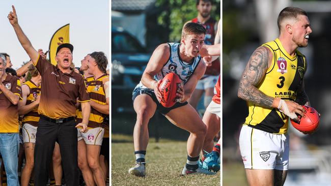 Aspley general manager Mark Perkins, QAFL players Tom Reeves (Broadbeach) and Tom Simpson (Labrador). Pictures: Highflyer Images, Brooke Sleep Media and Michael Lovell.