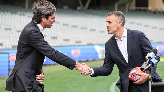 AFL CEO Gillon McLachlan and Premier Peter Malinauskas at Adelaide Oval. Picture: NCA NewsWire / Brenton Edwards