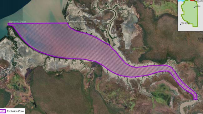 The public has been banned from entering the highlighted area of the East Alligator River as a whale has made itself at home there for the time being. Picture: NT Government