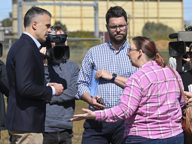 Emma Smith from River Road near Hahndorf confronts Premier Peter Malinauskas about the River road bypass plans  during an Inner-City Affordable Housing Boost announcement on Churchill road Prospect .Sunday,September,10,2023.Picture Mark Brake