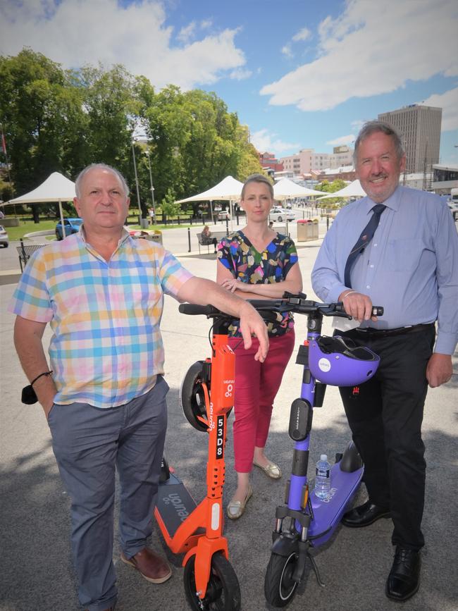 Marti Zucco, Louise Elliot, and Jeff Briscoe initially said the Hobart e-scooter trial should be suspended. Picture: Kenji Sato