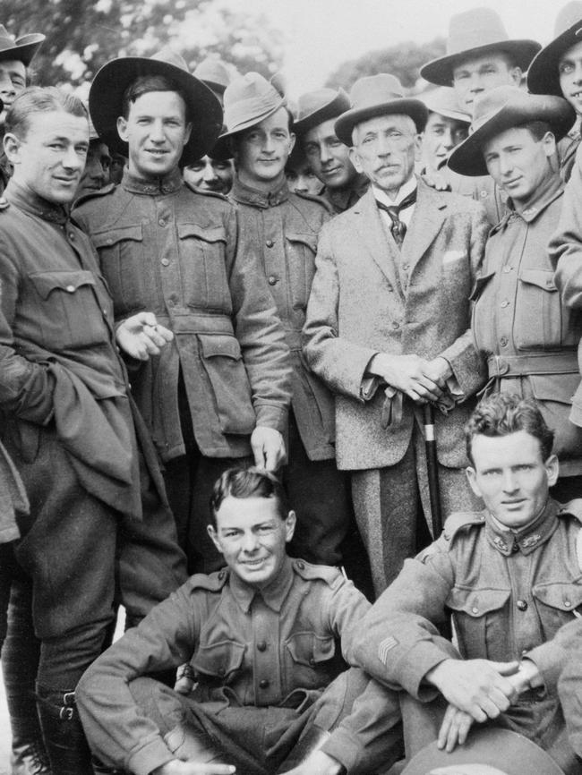 Wartime prime minister Billy Hughes, seen here in France with soldiers of the Australian Imperial Force, cherished his nickname, “the Little Digger”. P03155.004