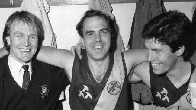 Footballer Peter Carey (c) with Graham Cornes and Stephen Kernahan after Peter's 350th match 1985.