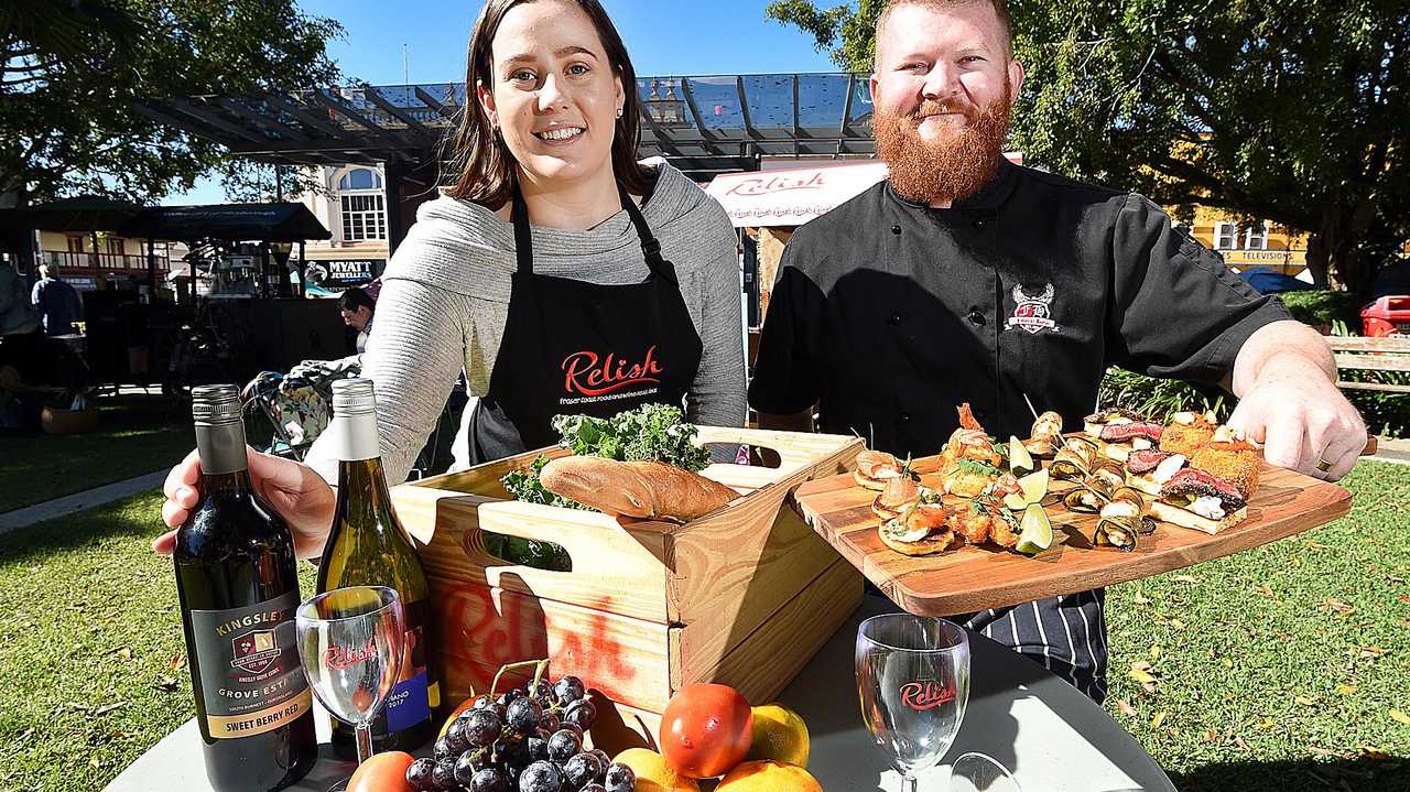 Relish Festival - Amber Tucker (Fraser Coast Tourism & Events) and chef Gavan Chin (The Federal Hotel) with produce and food to highlight this years Relish Festival. Picture: Alistair Brightman