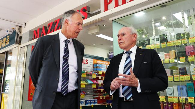 Former Prime Minister John Howard campaigns with Liberal candidate John Alexander. Picture: John Feder/The Australian.