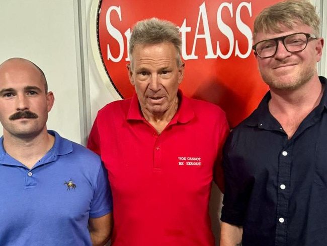 Sam Newman poses with notorious neo-Nazis Thomas Sewell and Blair Cottrell (L-R). Picture: X