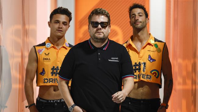 Lando Norris (left) and Daniel Ricciardo (right) filmed a segment with The Late Late Show host James Corden during the F1 Grand Prix of Miami.