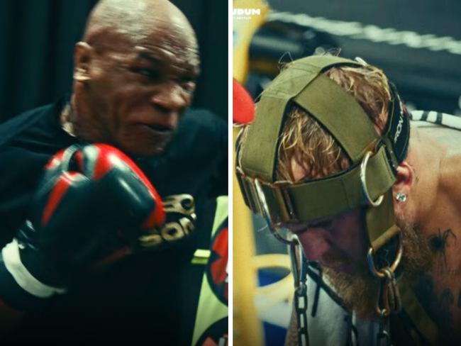 Mike Tyson and Jake Paul working in the gym. Photo: Netflix.