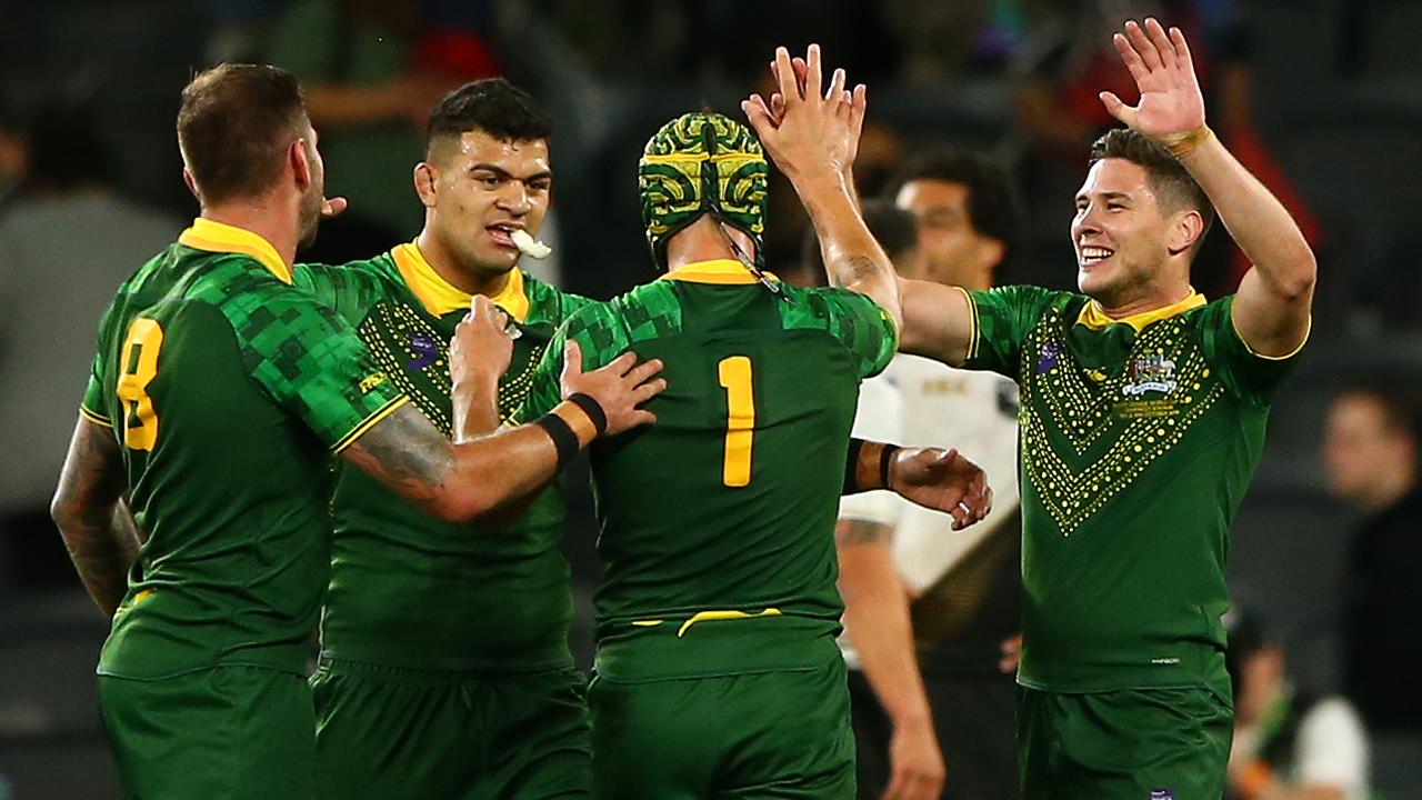 Australia celebrate winning the Rugby League World Cup 9s Final.