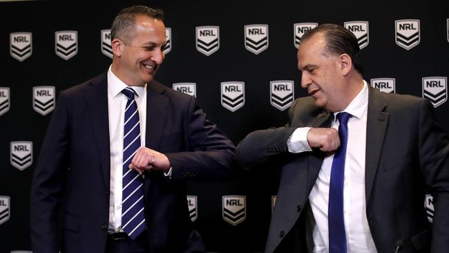 NRL chief executive Andrew Abdo, left, with Australian Rugby League Commission chairman Peter V’landys. Picture: Phil Hillyard