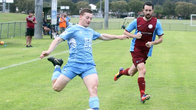 Gold Coast Premier League football - Palm Beach vs. Coomera (maroon) at Duncan McKenna Field. Photo by Richard Gosling