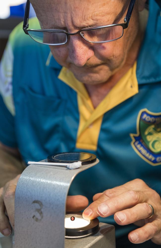 Rod Brightman identifies gem stones at Gemfest hosted by Toowoomba Lapidary Club at Centenary Heights State High School, Saturday, October 21, 2023. Picture: Kevin Farmer