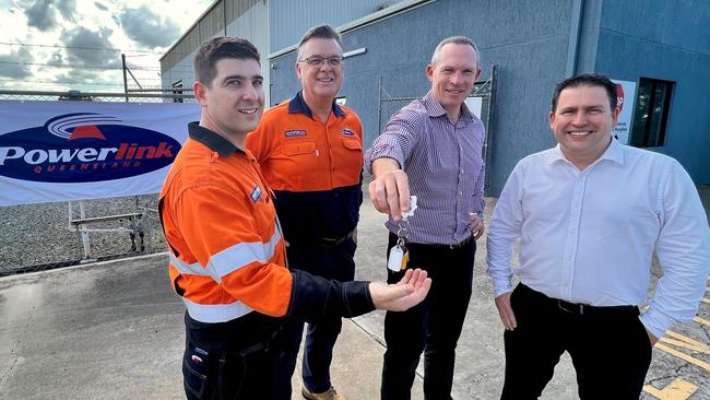 Powerlink's Brett Ferguson and Gary Edwards alongside Energy Minister, Mick de Brenni and Gladstone Mayor, Matt Burnett in November 2022. Picture: Supplied