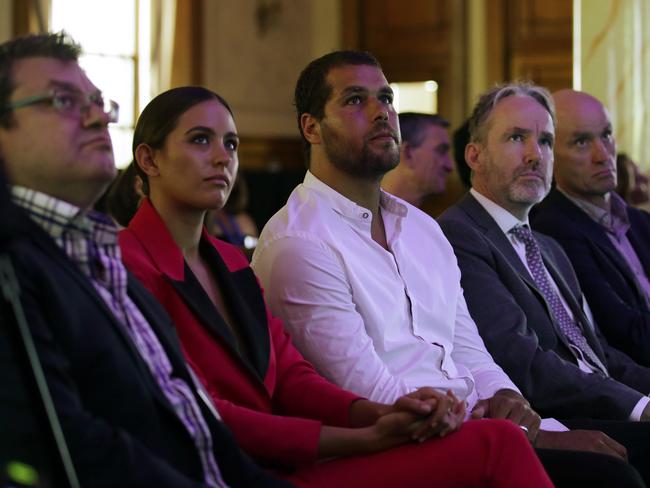 Jesinta and Buddy Franklin sit next to Sunday Telegraph editor Mick Carroll (L) and Daily Telegraph editor Chris Dore (R). Picture: Toby Zerna