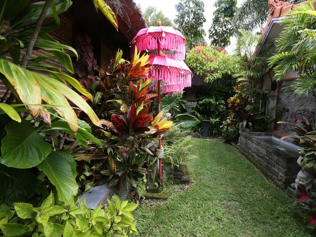 Flowering plants, colourful foliage and a bright umbrella break up the greenery. Picture: Annette Dew