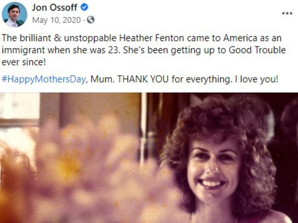 US senate candidate Jon Ossoff posted this Mother's Day message on Facebook to his Australian-born and raised mother Heather Fenton . Picture: Facebook