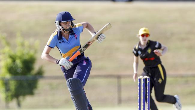 Gold Coast batter Giselle Parmenter (check name ) takes a run during the Katherine Raymont Shield (women's first grade cricket) between Gold Coast and Wests at Cheltenham Oval, Cheltenham Drive, Robina. Pic Tim Marsden