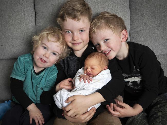 From left, Fox, 2, Tom, 6, and Finn Hancock, 5, with new baby brother George. Picture: Chris Kidd