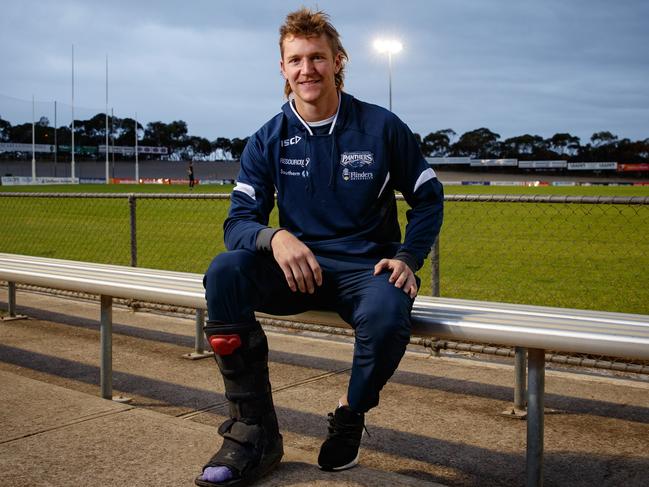 17/5/18 South Adelaide's Sam Overall could miss the rest of the season because of a foot injury. Sam is pictured at Hickinbotham Oval, Noarlunga Downs. Picture MATT TURNER.