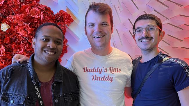 Kylie fans Kheori DuPuch, Henry Schwartz and Shawn Westcott from NYC. Picture: News Corp Australia