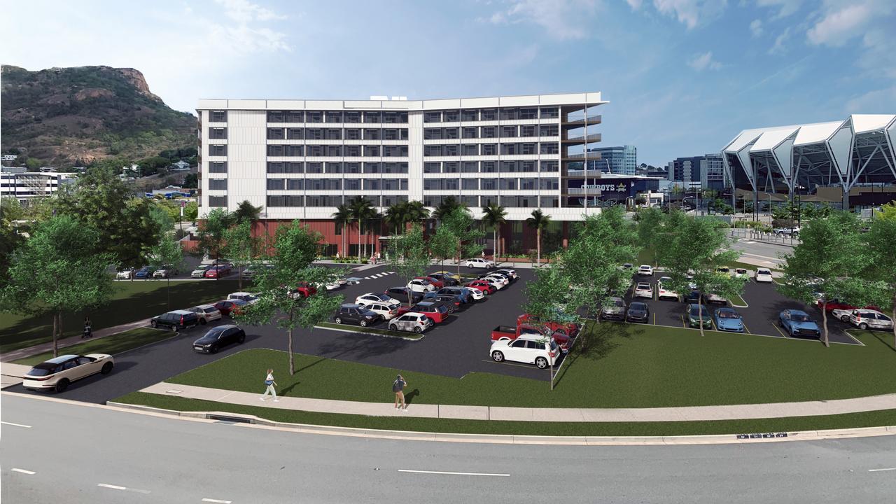 Exterior render of the Hilton Garden Inn Townsville, next to the stadium. Picture: HHNQ.