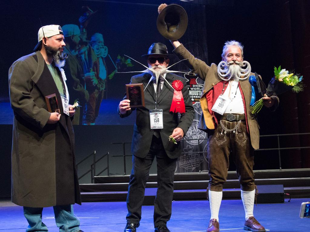 Third, second and first place winners of the Partial Beard Freestyle at the 2017 Remington Beard Boss World Beard and Moustache Championships held at the Long Center for the Performing Arts on September 3, 2017 in Austin, Texas.PIcture: AFP