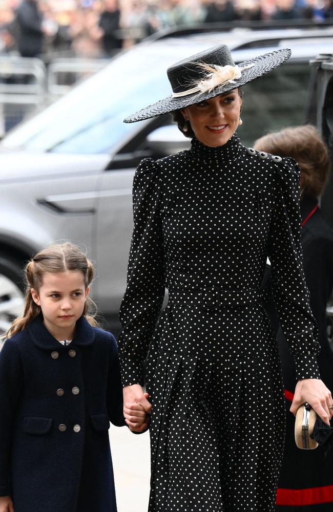 The Duchess of Cambridge and her daughter Princess Charlotte attend a Service of Thanksgiving for Prince Philip. Picture: AFP