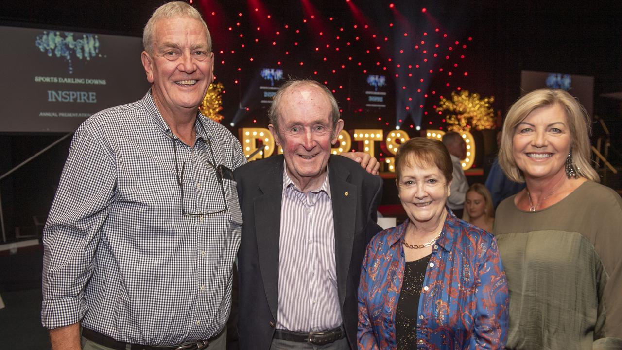 (from left) Peter Hagan, Graham Barron, Marlene Barrron and Debra Hagan. Sports Darling Downs Sports Stars of the Year dinner. Saturday, February 11, 2023. Picture: Nev Madsen.