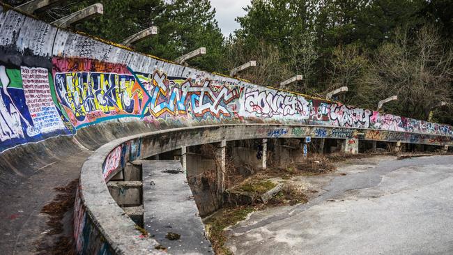 The 1984 Sarajevo bobsled run on Mount Trebevic as it is now. The 3km-long run winds its way down through the woods to a bombed-out spectator area below. During the war, this structure was used to transport tank artillery shells and weapons to Serb forces in the hills above Sarajevo. (Photo by Giles Clarke/Getty Images)