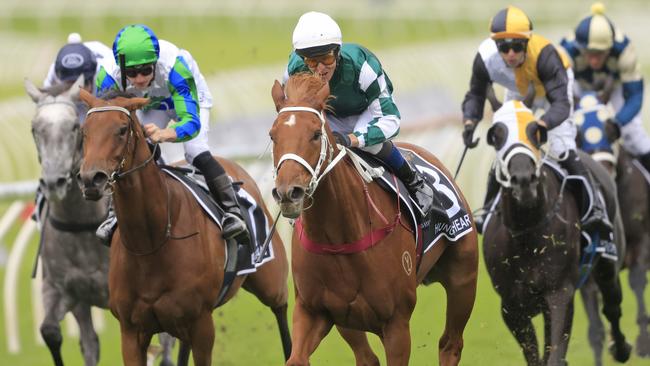 Frankel’s daughter Hungry Heart (Green, White Cap) can land a third Group 1 in the TAB Epsom. Picture: Getty Images