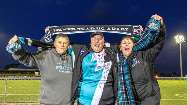 Port Adelaide Cheer squad members Netsy Manners, Celine Sao Palmer and Leanne Tobias at Alberton Oval, Picture Kelly Barnes