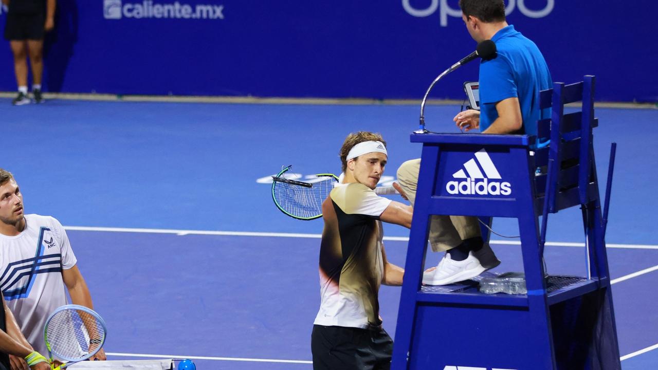 German Alexander Zverev hits the umpire's chair with his racket after the end of his Mexico ATP Open 500 doubles tennis match in Acapulco, Mexico. Picture: AFP